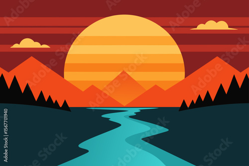 Sunset Over The River AI Generative HD 8K Wallpaper