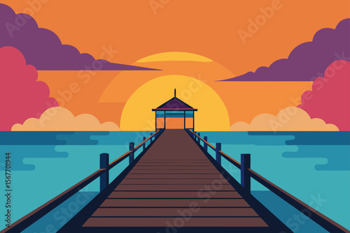 Sunset Pier Watercolor Background Sky Backgrounds