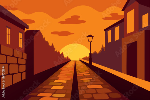 Sunset Street Scene Cobblestone Road Warm Hues Architecture