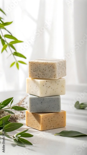 Wallpaper Mural Stack of four artisanal natural soaps with botanical elements and soft light creating a serene spa atmosphere Torontodigital.ca