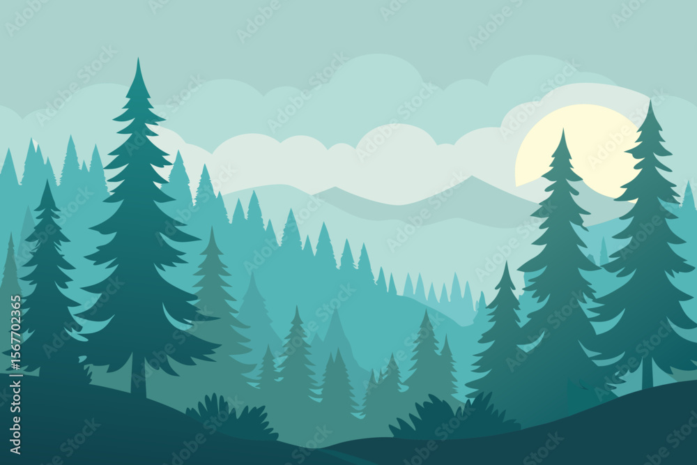 Fototapeta premium Watercolor Pine Forest With Mist And Morning Light