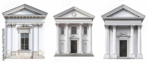 Three Classical Building Facades White Columns Pediments and Doors transparent