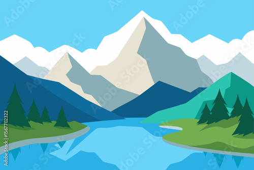 Watercolor Lake Surrounded By Snowcapped Mountain