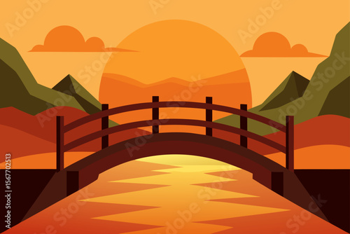 Wooden Bridge Over River at Sunset