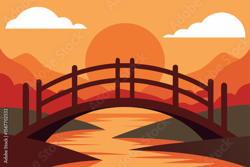 Wooden Bridge Over River at Sunset
