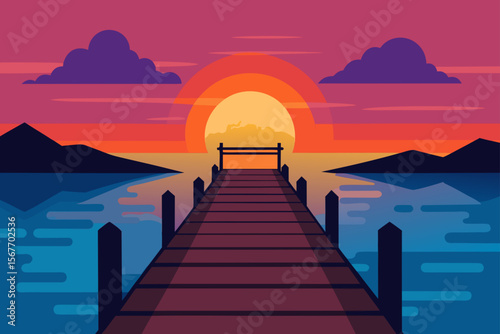Wooden Dock Pier On The Water At Sunset Sea Summer