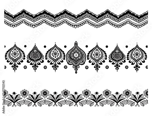 Black and white decorative borders with paisley and floral motifs ornamental pattern