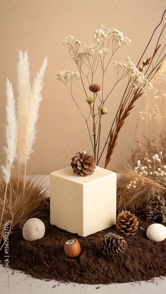 Obraz premium Minimalist still life featuring a cream cube adorned with a pinecone surrounded by dried grasses and natural elements
