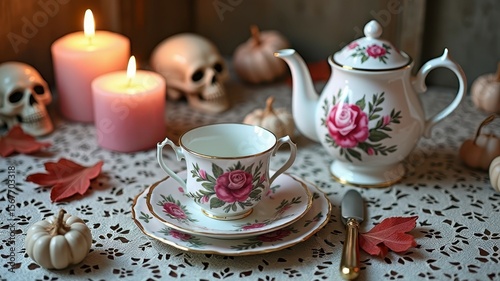 Wallpaper Mural Vintage tea set on lace tablecloth with candles and autumn decorations Torontodigital.ca