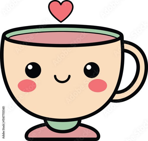Kawaii Style Tea Cup With Tiny Arms Holding A Heart