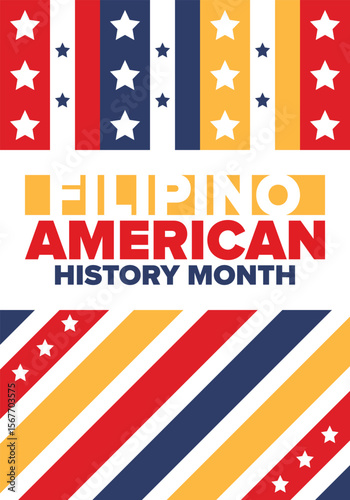 Filipino American History Month. Happy holiday celebrate annual in October. Filipinos and United States flag. Culture month. Patriotic design. Poster, card, banner, template. Vector illustration