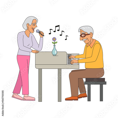 Old Man Playing Piano old woman singing. Senior hobbyist concept. Cartoon Vector Illustration.   