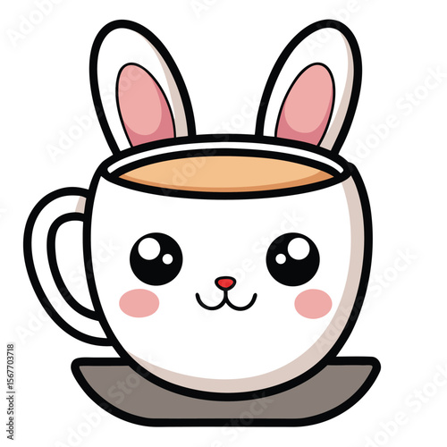 Kawaii Tea Cup With Bunny Ears And Blushing Cheeks