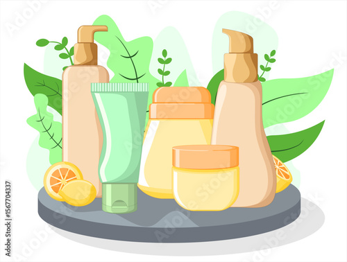 Vector Cosmetic Product Mockup with Natural Elements, Natural Skincare Product Vector with Citrus and Leaves – Perfect for Social Media, Branding, and Product Packaging