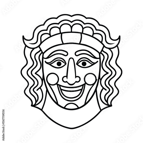 Greek Mask In One Line Drawing Style For Opera Theatre Performance And Cultural Art Concept