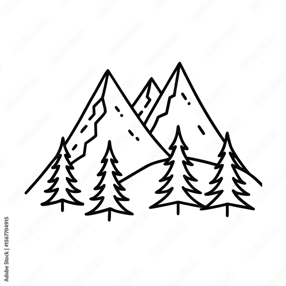 Fototapeta premium Hand Drawn Mountain Design In Line Art Style For Landscape Nature And Outdoor Illustration