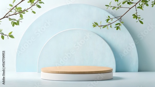 Serene Pastel Blue Background with Wooden Product Display Platform and Spring Branches