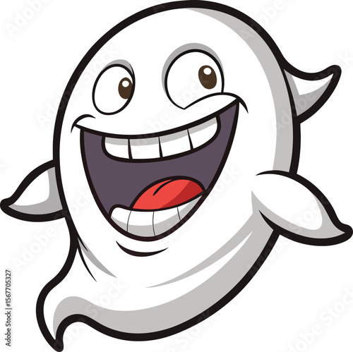 Laughing Ghost With Big Shiny Eyes Cartoon Line Art