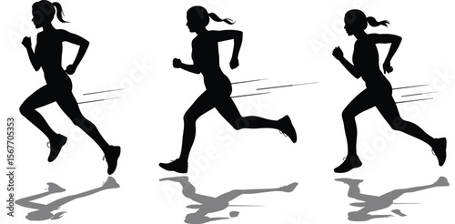 Fast Female Running Silhouettes, Speed, Motion, Jogging, Sport, Fitness, Exercise, Healthy Lifestyle, Dynamic, Vector Illustration with Reflection