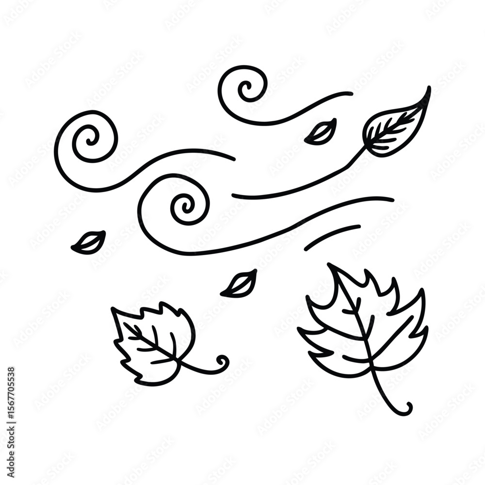 Fototapeta premium Leaf Wind Doodle In Line Sketch Set For Hand Drawn Botanical Nature Design Concept