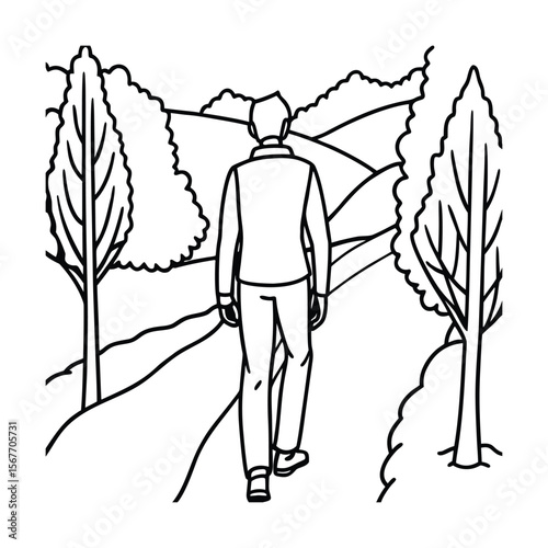 Man Walking Far Away On The Road Outside In Nature In Minimal Line Art Style Illustration