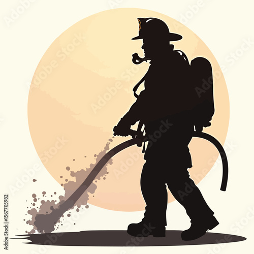 Silhouette of a firefighter spraying water from a hose, against a sunset background.