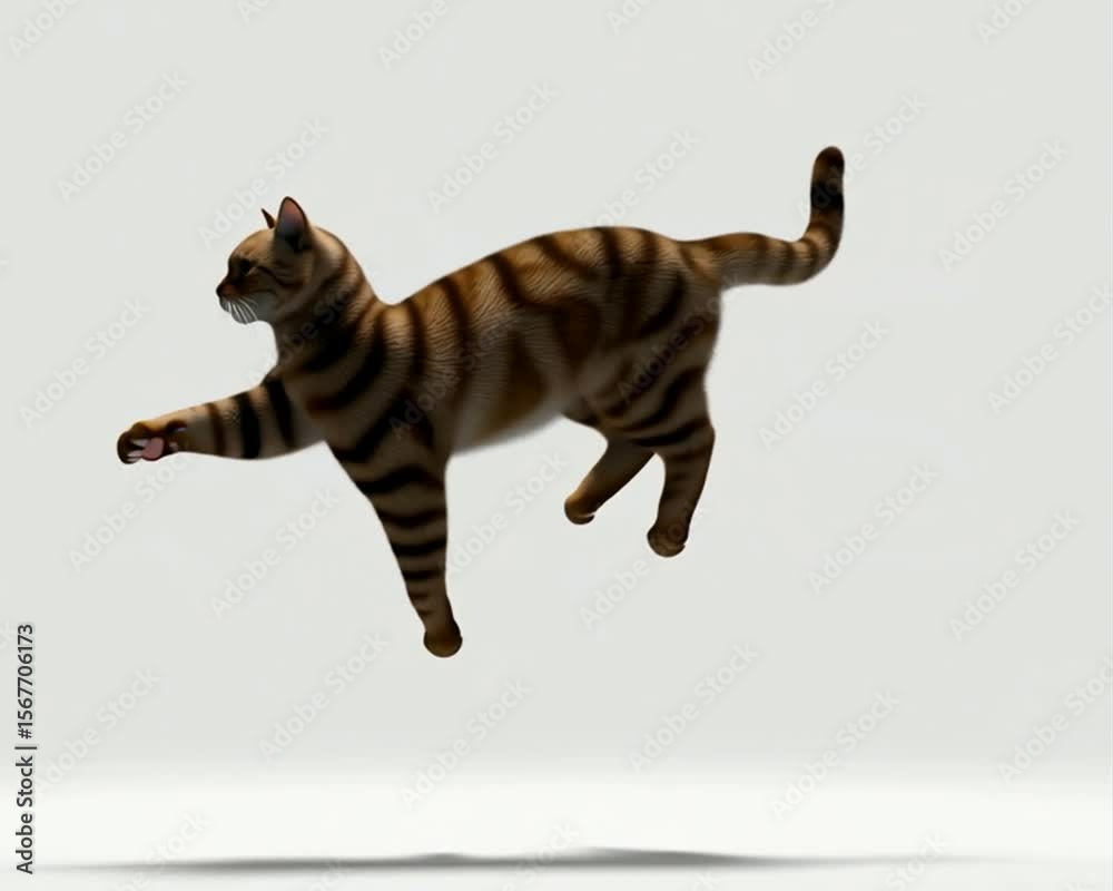Airborne Acrobatics: An exquisite animated tabby cat, suspended mid-air, showcasing an elegant dance of agility, fluidity, and unbound grace against a bright backdrop. Airborne Acrobatics: An exquisite animated tabby cat, suspended mid-air, showcasing an elegant dance of agility, fluidity, and unbound grace against a bright backdrop.