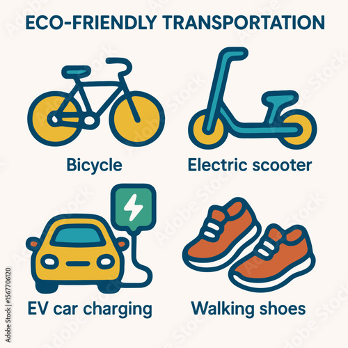 Eco-friendly transportation options including bicycle, electric scooter, EV car charging, and walking shoes.