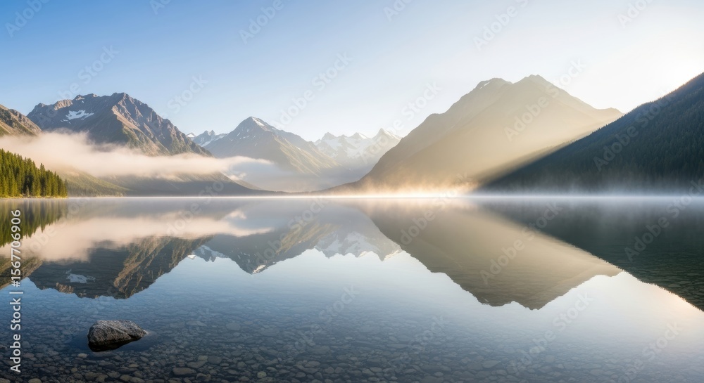 Fototapeta premium Serene mountain lake at dawn with misty reflections and snow-capped peaks