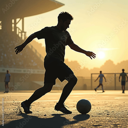 Silhouetted soccer player dribbling the ball at sunset, other players visible in the background on a field near a stadium.