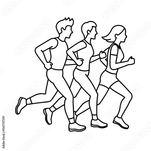 Runners Group In One Line Drawing Style For Marathon Exercise And Running Concept Design