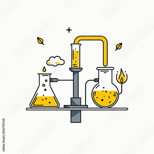 A minimalist line art illustration of a chemistry lab setup, showing a scientific experiment with flasks and a burner for educational or tech concepts.
