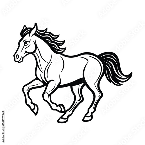 Running Black Line Horse On White Background Vector For Animal Speed And Race Illustration