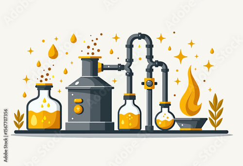 A magical alchemy laboratory illustration with bubbling potions, sparkling stars, and mysterious equipment, perfect for fantasy, science, or gaming themes.
