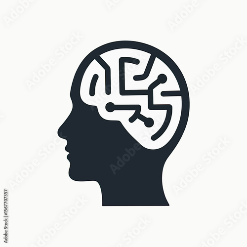 A minimalist icon of a human head with a brain made of circuit board lines, symbolizing artificial intelligence, machine learning, and technological innovation.
