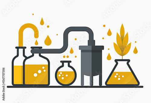 A flat design illustration of a scientific distillation process with wheat, symbolizing biofuel production, brewing, or food science experimentation in a laboratory.
