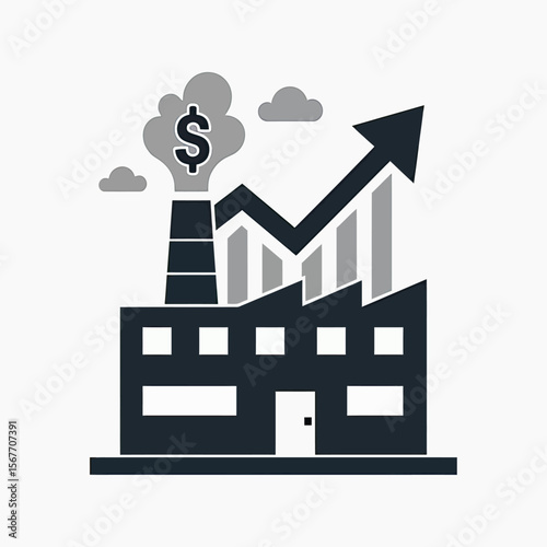 A monochrome business icon of a factory with a dollar sign in its smoke and a rising graph, symbolizing industrial profit, revenue, and economic growth.
