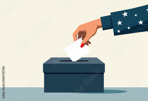 A patriotic illustration of a woman's hand casting a vote, wearing a star-patterned sleeve, symbolizing American democracy and the importance of female voters.
