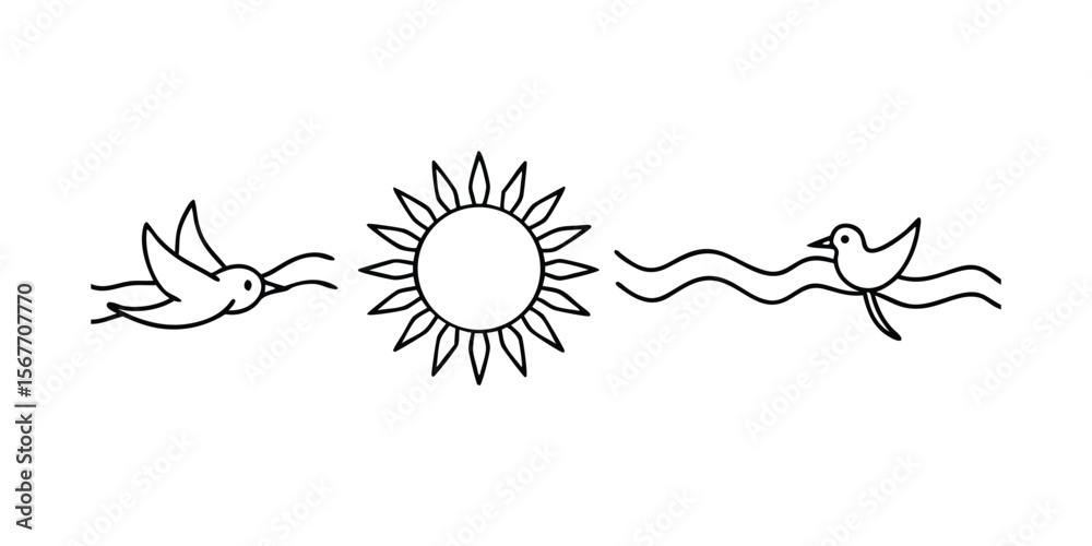 Obraz premium Sun And Birds Continuous One Line Art Vector Illustration For Beach Nature And Summer Design