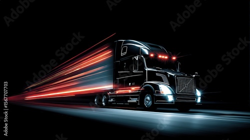 A glowing semi-truck speeds through the dark, leaving vibrant light trails that emphasize motion and power at night.
