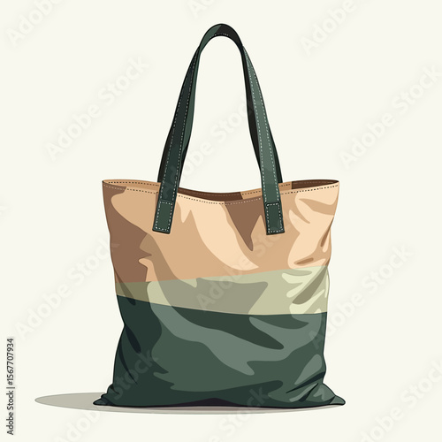 A stylish and practical color-block canvas tote bag with dark green straps, a perfect reusable and eco-friendly accessory for everyday shopping or errands.
