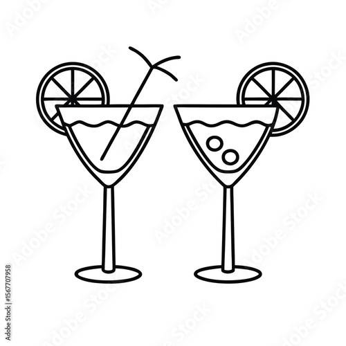 Two Cocktail Glasses With Lemon Slice In One Line Vector Style For Party Drink And Celebration Design