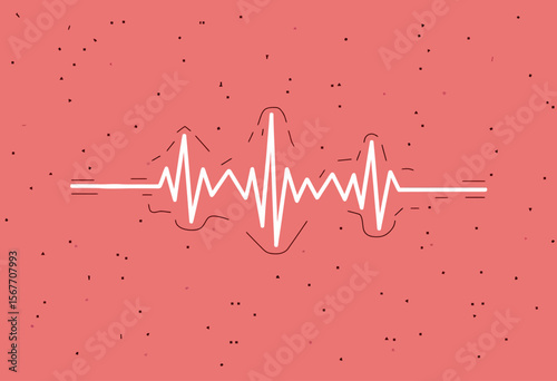 A minimalist line illustration of a heartbeat or sound wave on a textured red background, a creative and abstract concept for music, health, or communication.
