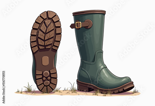 A pair of durable green Wellington boots with a rugged sole and side buckle, a practical and essential piece of footwear for rain, gardening, or farm work.

