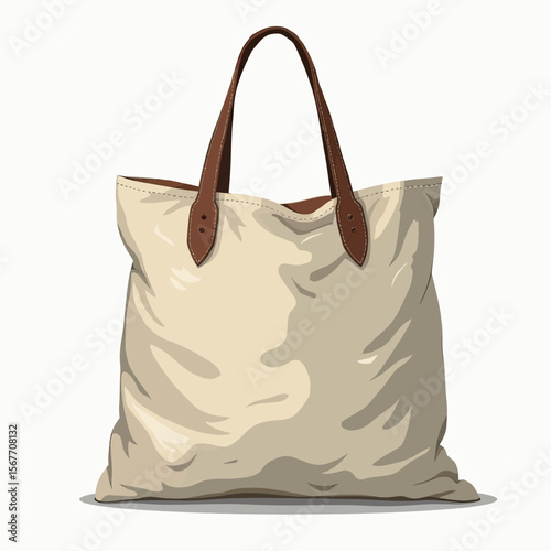 A stylish and versatile beige canvas tote bag with sturdy brown leather handles, a perfect eco-friendly accessory for daily shopping, work, or beach outings.
