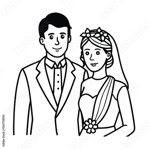 Wedding Couple In Line Art Vector Illustration For Romance Marriage And Love Relationship Concept