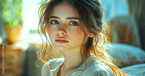 Young woman with natural beauty in a cozy room
