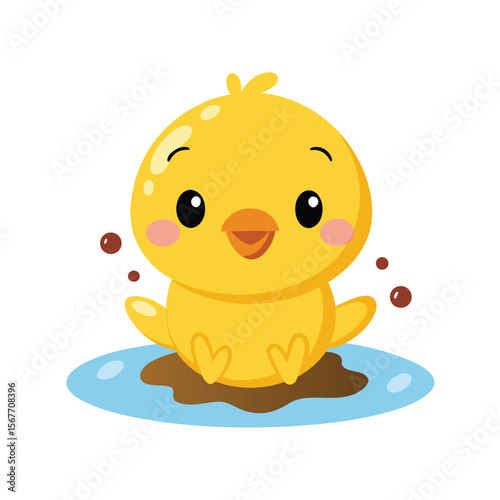 Smiling Kawaii Duckling In A Puddle With Little Splashes