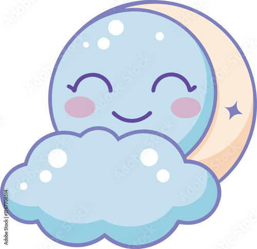 Smiling Moon With Eyes Closed And Resting On A Cloud