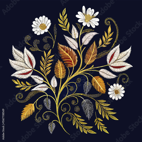 Elegant Embroidery Look White Thread Florals with Autumnal Hues